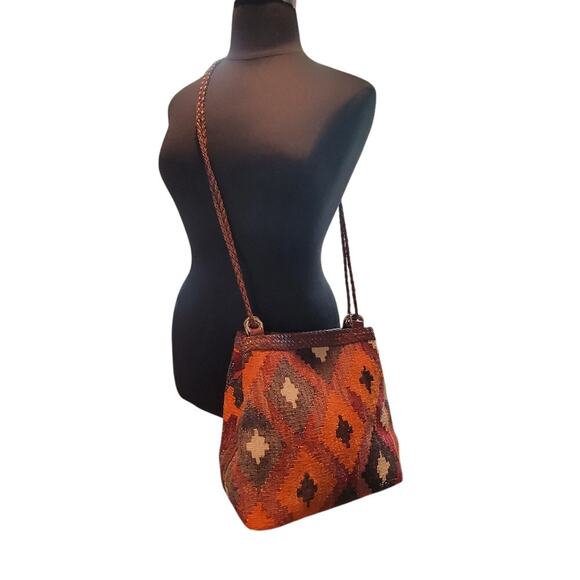 Vintage J Simone Crossbody Bag 70s MCM Woven Kilim Double Strap Brown Orange - Picture 3 of 11